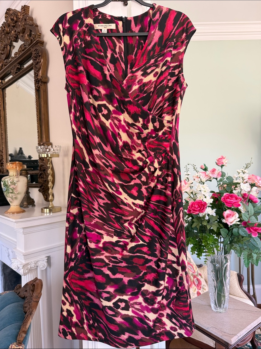 Evan Picone black and fuchsia Animal Print Faux-Wrap Dress, size 8